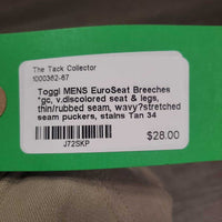 MENS EuroSeat Breeches *gc, v.discolored seat & legs, thin/rubbed seam, wavy?stretched seam puckers, stains
