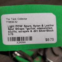 Light POW Spurs, Nylon & Leather Spur Straps *gc/fair, mismatched, scuffs, scrapes & dirt
