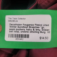 Fleece Lined Winter EuroSeat Breeches *gc, seam puckers, hairy & linty, broken belt loop, undone stitching

