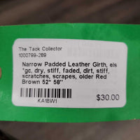 Narrow Padded Leather Girth, els *gc, dry, stiff, faded, dirt, stiff, scratches, scrapes, older

