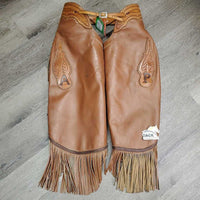 Smooth Leather Chinks, Long Fringe, Tooled Waist, buckles, "A P" *vgc, rubs, scrapes, mnr peeled, mnr dust & inner stains