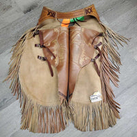 Smooth Leather Chinks, Long Fringe, Tooled Waist, buckles, "A P" *vgc, rubs, scrapes, mnr peeled, mnr dust & inner stains
