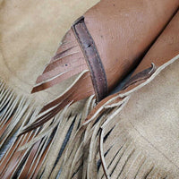 Smooth Leather Chinks, Long Fringe, Tooled Waist, buckles, "A P" *vgc, rubs, scrapes, mnr peeled, mnr dust & inner stains

