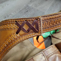 Smooth Leather Chinks, Long Fringe, Tooled Waist, buckles, "A P" *vgc, rubs, scrapes, mnr peeled, mnr dust & inner stains
