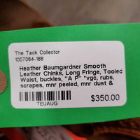 Smooth Leather Chinks, Long Fringe, Tooled Waist, buckles, "A P" *vgc, rubs, scrapes, mnr peeled, mnr dust & inner stains
