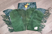Suede Full Chaps, fringe, v.hvy zippers "Judy" *xc/vgc, clean, mnr stains, rubs, older?
