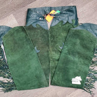 Suede Full Chaps, fringe, v.hvy zippers "Judy" *xc/vgc, clean, mnr stains, rubs, older?
