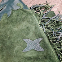 Suede Full Chaps, fringe, v.hvy zippers "Judy" *xc/vgc, clean, mnr stains, rubs, older?