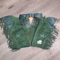 Suede Full Chaps, fringe, v.hvy zippers "Judy" *xc/vgc, clean, mnr stains, rubs, older?
