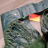 Suede Full Chaps, fringe, v.hvy zippers "Judy" *xc/vgc, clean, mnr stains, rubs, older?