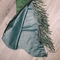 Suede Full Chaps, fringe, v.hvy zippers "Judy" *xc/vgc, clean, mnr stains, rubs, older?