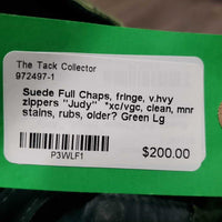 Suede Full Chaps, fringe, v.hvy zippers "Judy" *xc/vgc, clean, mnr stains, rubs, older?