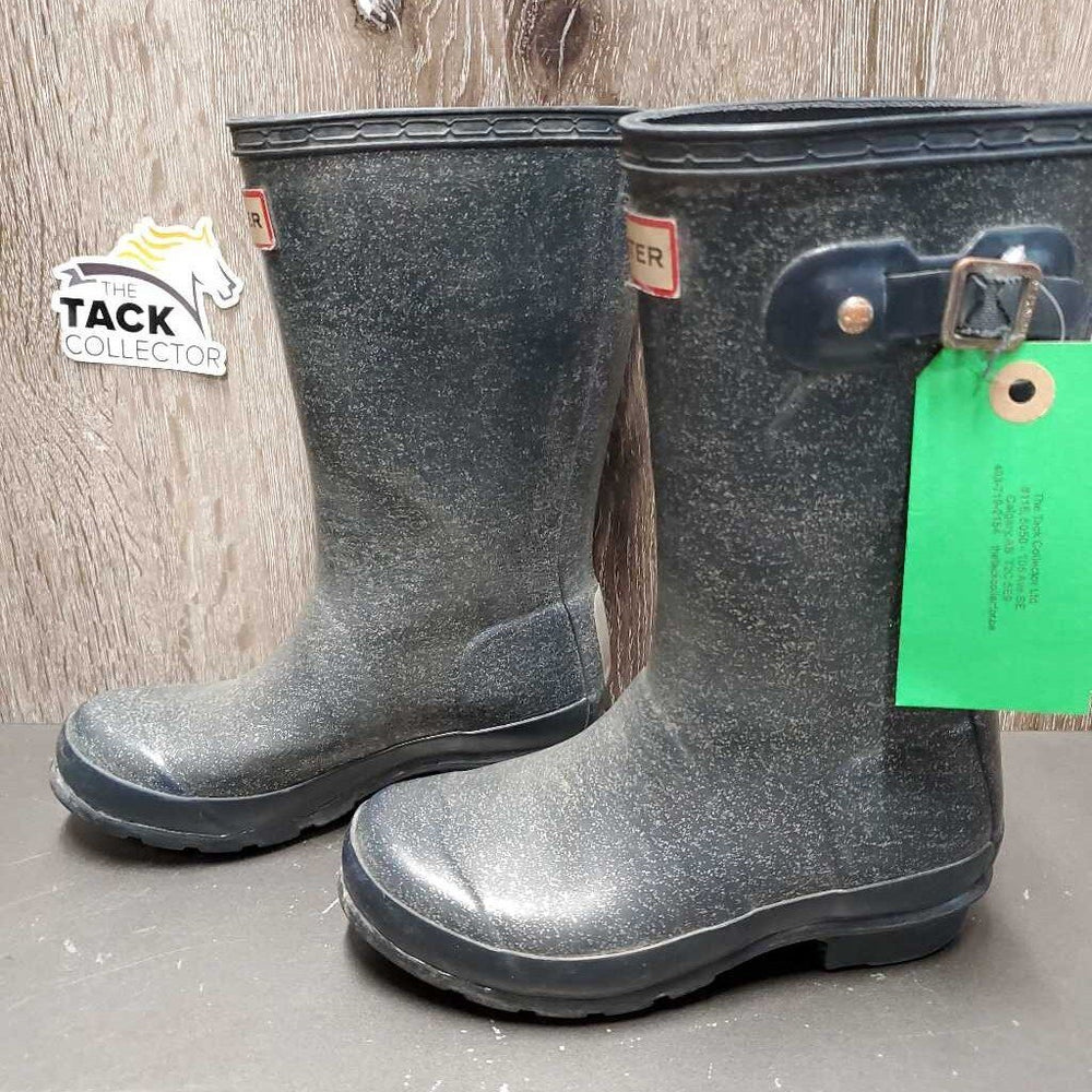 JUNIORS Tall Rubber Boots *gc, clean, mnr residue, faded, cracking logos, peeled top straps