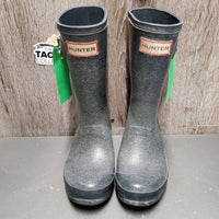 JUNIORS Tall Rubber Boots *gc, clean, mnr residue, faded, cracking logos, peeled top straps
