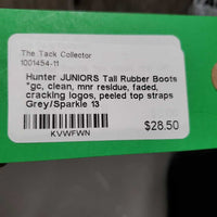 JUNIORS Tall Rubber Boots *gc, clean, mnr residue, faded, cracking logos, peeled top straps