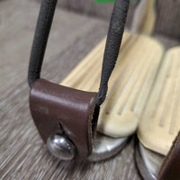 Peacock Safety Stirrup Irons, grips, 1 elastic, 2 keepers *gc, clean, rubs, yellowed grips, cracking els, mnr scratches
