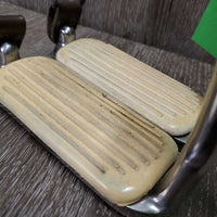 Peacock Safety Stirrup Irons, grips, 1 elastic, 2 keepers *gc, clean, rubs, yellowed grips, cracking els, mnr scratches
