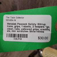 Peacock Safety Stirrup Irons, grips, 1 elastic, 2 keepers *gc, clean, rubs, yellowed grips, cracking els, mnr scratches

