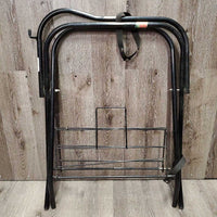 Thick Metal Folding Saddle Rack, metal bottom rack *gc/fair, rust, faded, scrapes, clean, dusty, stiff bottom rack, tape
