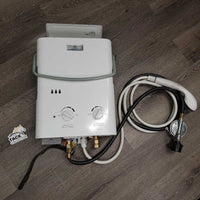 Propane Powered Tankless Wash/Shower Water Heater, hoses, Shower Head, Top Cover *gc, older, WORKS, dirt, scratches, stains

