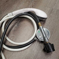 Propane Powered Tankless Wash/Shower Water Heater, hoses, Shower Head, Top Cover *gc, older, WORKS, dirt, scratches, stains
