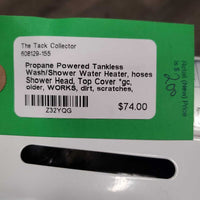 Propane Powered Tankless Wash/Shower Water Heater, hoses, Shower Head, Top Cover *gc, older, WORKS, dirt, scratches, stains
