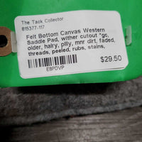 Felt Bottom Canvas Western Saddle Pad, wither cutout *gc, older, hairy, pilly, mnr dirt, faded, threads, peeled, rubs, stains, puckers
