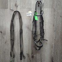 Rolled Leather Dressage Bridle, Lever Noseband, Cotton Web Reins, Buckles *gc, scrapes, mnr peeled, clean, residue, tight keepers
