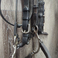 Rolled Leather Dressage Bridle, Lever Noseband, Cotton Web Reins, Buckles *gc, scrapes, mnr peeled, clean, residue, tight keepers
