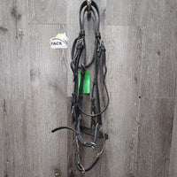 Rolled Leather Dressage Bridle, Lever Noseband, Cotton Web Reins, Buckles *gc, scrapes, mnr peeled, clean, residue, tight keepers
