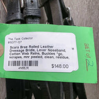 Rolled Leather Dressage Bridle, Lever Noseband, Cotton Web Reins, Buckles *gc, scrapes, mnr peeled, clean, residue, tight keepers
