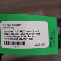 V.Stiff Nylon Lead Rope, leather cap *gc/fair, dirt, stained/dingy, cuts, frays, torn/missing leather cap
