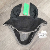 Crochet Ear Bonnet Fly Veil, 2x piping *gc, clean, hairy, faded, snags, threads, curled
