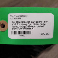 Crochet Ear Bonnet Fly Veil, 2x piping *gc, clean, hairy, faded, snags, threads, curled
