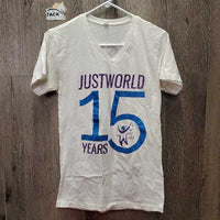 SS V Neck T-Shirt "JustWorld 15 Years" *gc, hair, mnr pilss & stains
