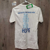 SS V Neck T-Shirt "JustWorld 15 Years" *gc, hair, mnr pilss & stains
