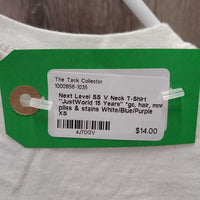 SS V Neck T-Shirt "JustWorld 15 Years" *gc, hair, mnr pilss & stains
