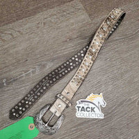 Narrow Horse Hair Leather Belt, Tooled Silver Buckle, Bling *vgc, clen, dents, loose bling & thread
