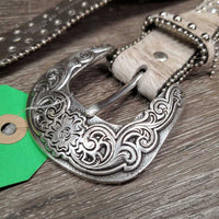 Narrow Horse Hair Leather Belt, Tooled Silver Buckle, Bling *vgc, clen, dents, loose bling & thread
