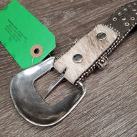Narrow Horse Hair Leather Belt, Tooled Silver Buckle, Bling *vgc, clen, dents, loose bling & thread
