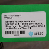 Narrow Horse Hair Leather Belt, Tooled Silver Buckle, Bling *vgc, clen, dents, loose bling & thread
