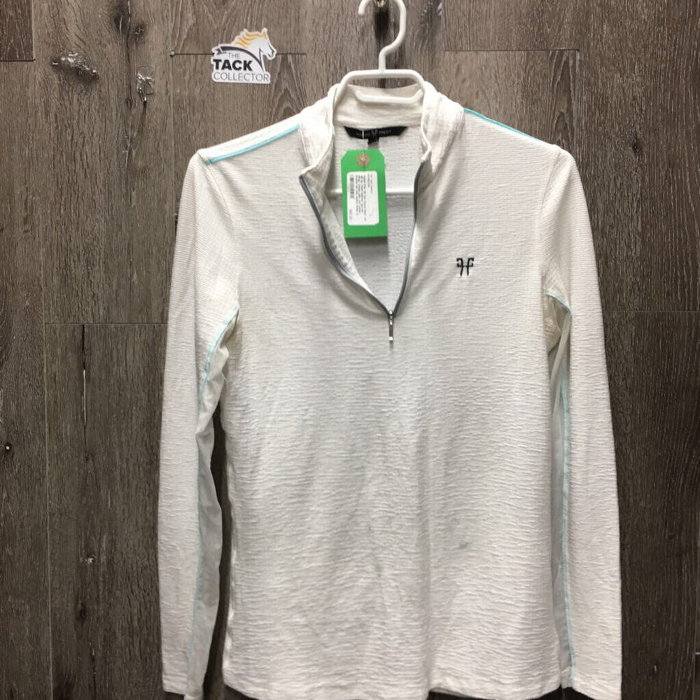 SS Sun Show Shirt, 1/4 zip up, mesh sleeves *gc/fair, dingy, snags, pills, mnr stains, broken els, mnr stains