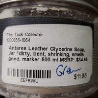 Leather Glycerine Soap, Jar *dirty, bent, shrinking, smells good, marker