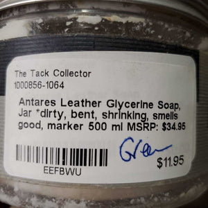 Leather Glycerine Soap, Jar *dirty, bent, shrinking, smells good, marker