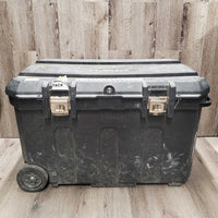 Rolling Plastic Tack Trunk - Box, Pull out Handle, Wheels *No Tray or Keys, dirt, scrapes, tape, tight latches, cracked lid
