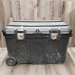 Rolling Plastic Tack Trunk - Box, Pull out Handle, Wheels *No Tray or Keys, dirt, scrapes, tape, tight latches, cracked lid
