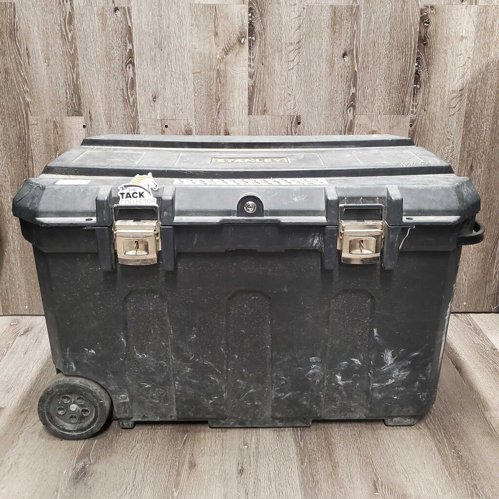 Rolling Plastic Tack Trunk - Box, Pull out Handle, Wheels *No Tray or Keys, dirt, scrapes, tape, tight latches, cracked lid