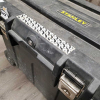Rolling Plastic Tack Trunk - Box, Pull out Handle, Wheels *No Tray or Keys, dirt, scrapes, tape, tight latches, cracked lid
