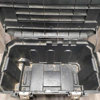Rolling Plastic Tack Trunk - Box, Pull out Handle, Wheels *No Tray or Keys, dirt, scrapes, tape, tight latches, cracked lid