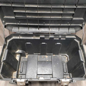 Rolling Plastic Tack Trunk - Box, Pull out Handle, Wheels *No Tray or Keys, dirt, scrapes, tape, tight latches, cracked lid
